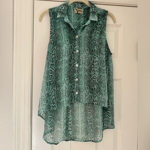 Show Me Your Mumu Blue Green Sleeveless Python Button Down Swing Top